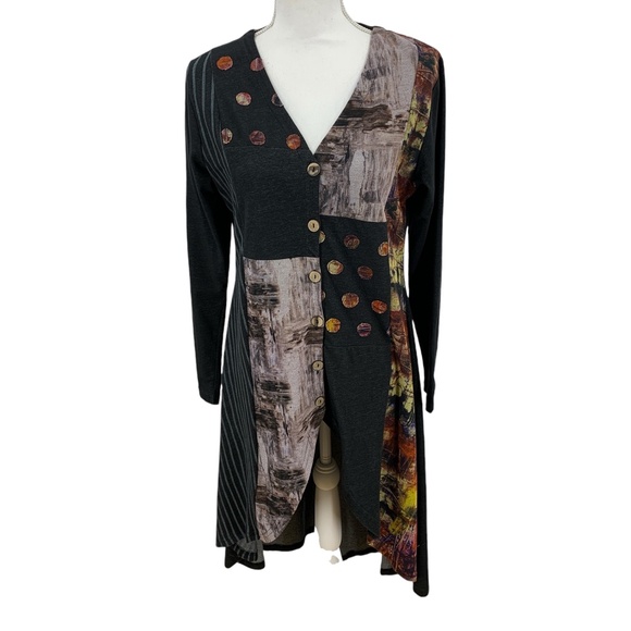 Parsley & Sage Patchwork Duster Cardigan Jacket Charcoal Sz S - Picture 2 of 12